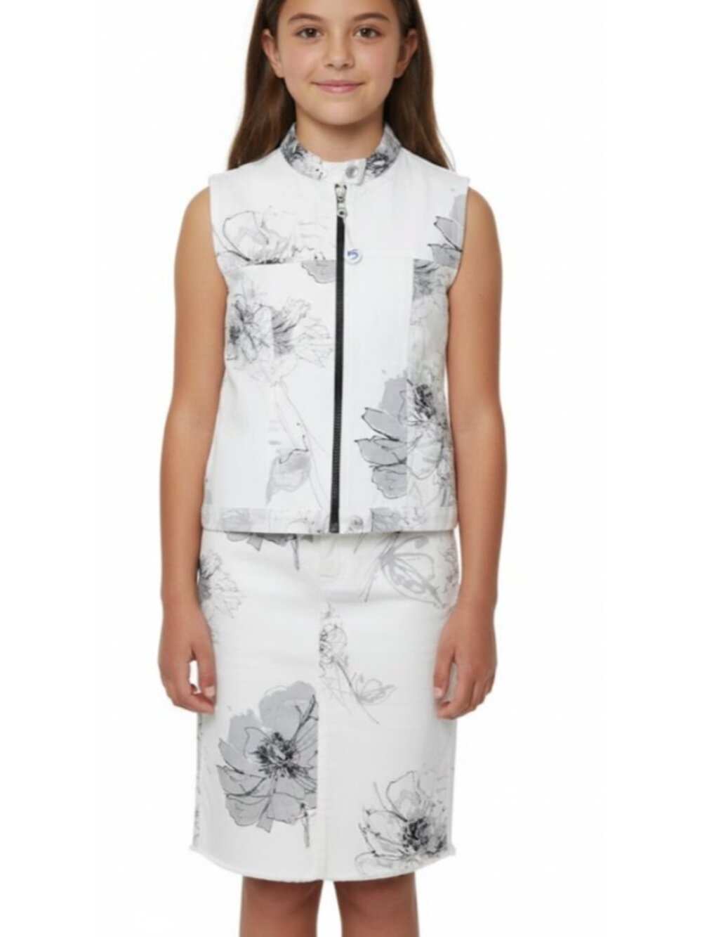 VARCI Italy Girls 14 Vest Skirt Set White Floral Denim Jean 2pc Outfit 168cm NEW